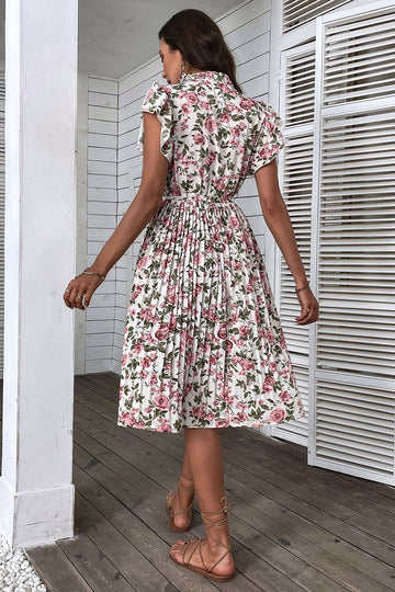 Robe d’été plissée à fleurs aligne blanche rose